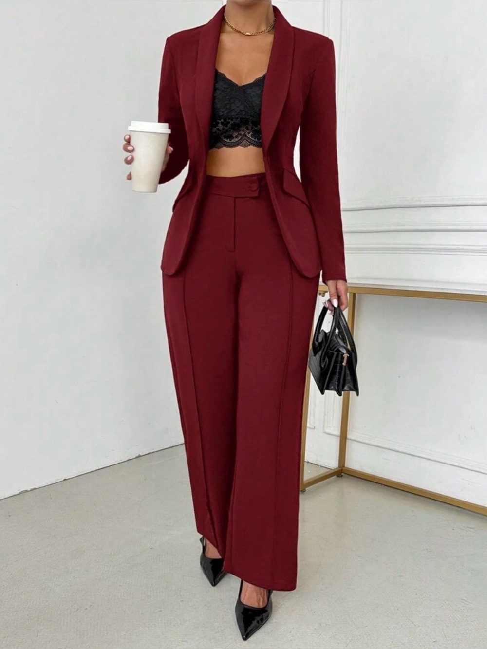 Women’s Burgundy Tailored Wide-Leg Pants